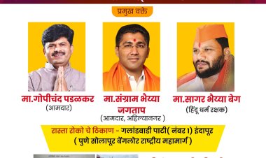 मालोजीराजे भोसले यांच्या समाधीस्थळावरील अनधिकृत अतिक्रम काढण्यासाठी, सकल हिंदू समाजाच्या, वतीने आमदार संग्राम जगताप, आमदार गोपीचंद पडळकर, श्री सागर बेग यांच्या नेतृत्वखालील इंदापूरात रास्ता रोको..